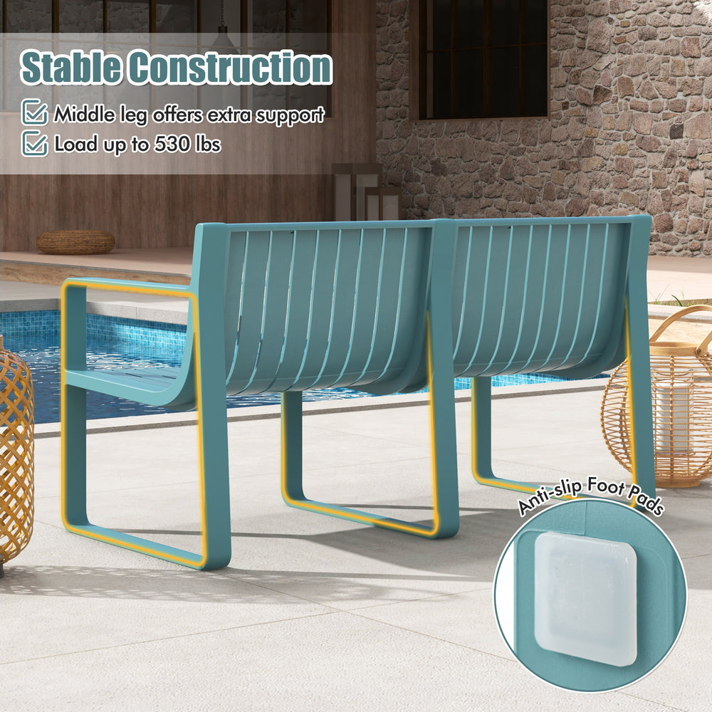 Blue weather-resistant plastic 2-person bench with curved backrest, ideal for patio and poolside relaxation.