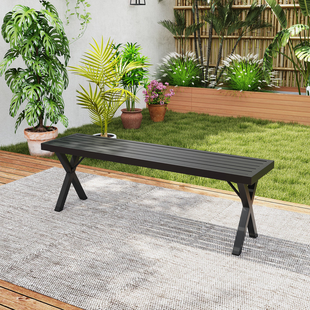 Patio metal bench with slatted seat and X legs, 54" long, suitable for garden or backyard seating.