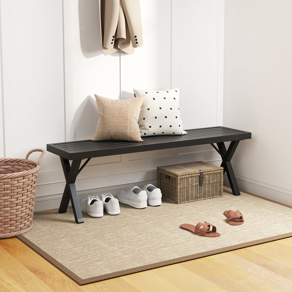 Patio metal bench with slatted seat and X legs, 54" long, stylish design for entryway or garden seating.