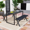 Patio metal bench with slatted seat and X legs, 54" long, stylish design for backyard or garden seating.