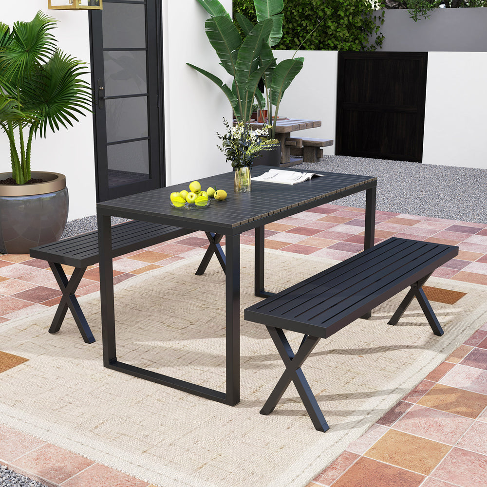 Patio metal bench with slatted seat and X legs, 54" long, stylish design for backyard or garden seating.