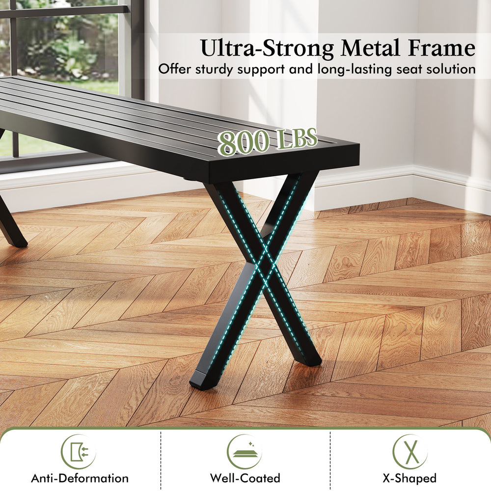 Patio metal bench with slatted seat, X-shaped legs, supports 800 lbs, ideal for backyard or garden seating.