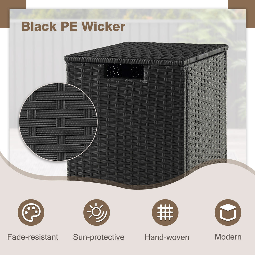 Black PE wicker 2-in-1 patio gas propane tank cover and side table with a modern design and rustproof metal frame.
