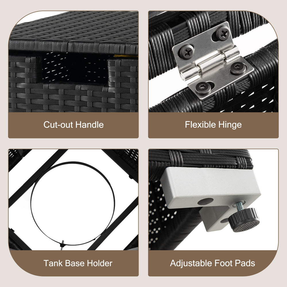 Close-up of the 2-in-1 patio rattan gas propane tank cover with adjustable foot pads and flexible hinge for stability.