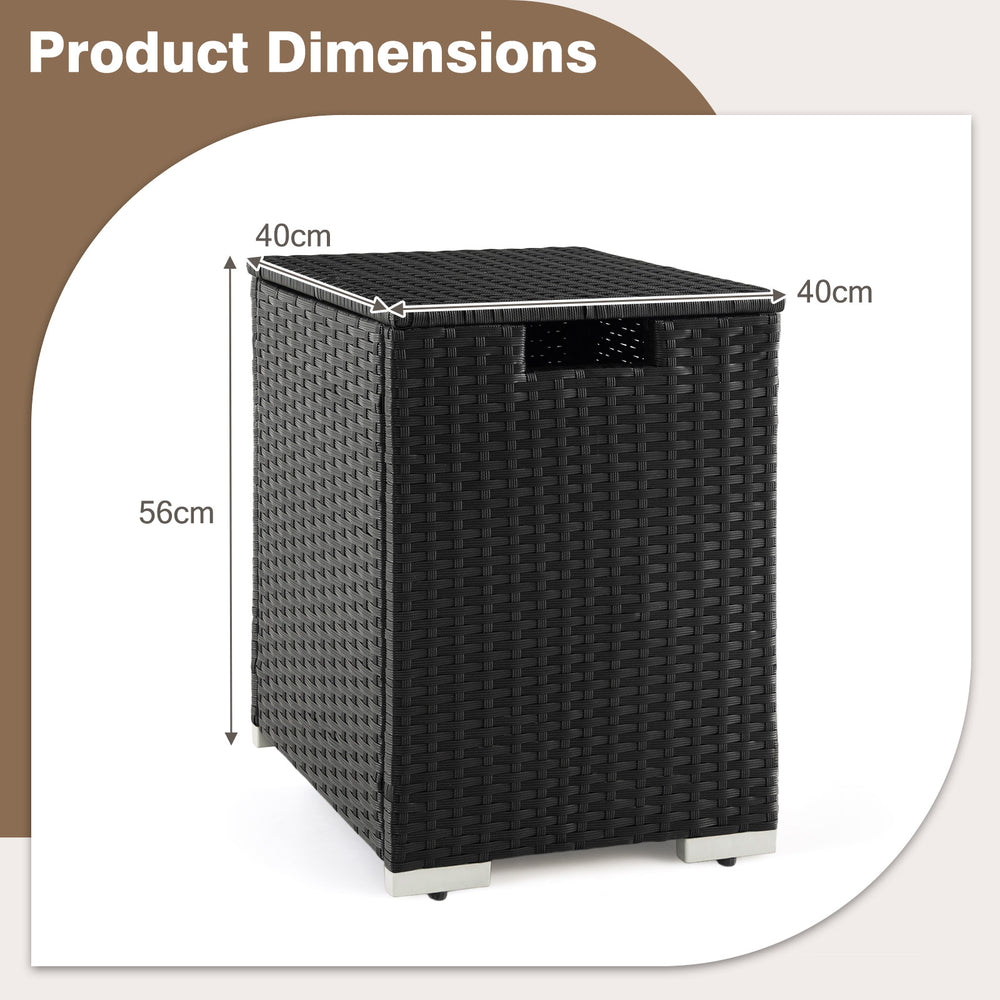 Black 2-in-1 patio rattan gas propane tank cover with dimensions, suitable for 20 lbs tanks, doubles as a side table.