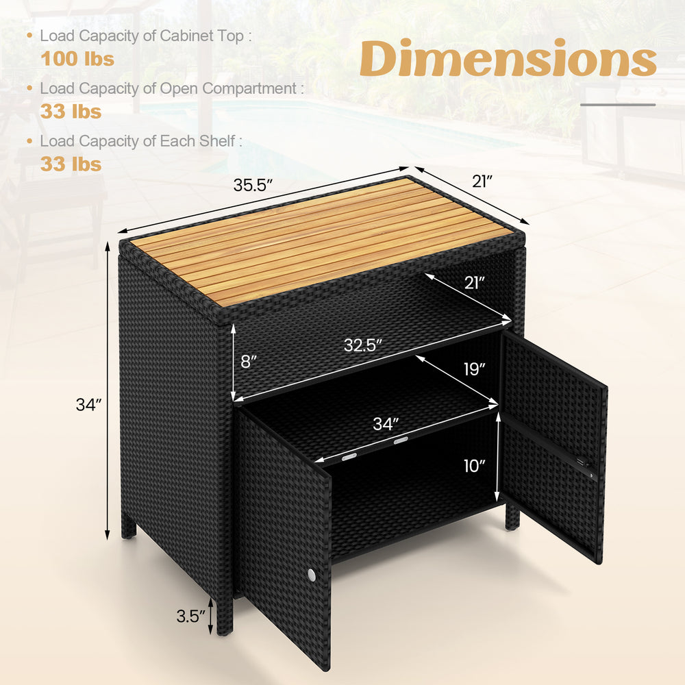 Rattan storage cabinet with acacia wood countertop, featuring dimensions and load capacities for outdoor patio use.
