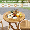 Teak wood dining table with slatted tabletop, ideal for outdoor use, perfect for cups, snacks, and potted plants.