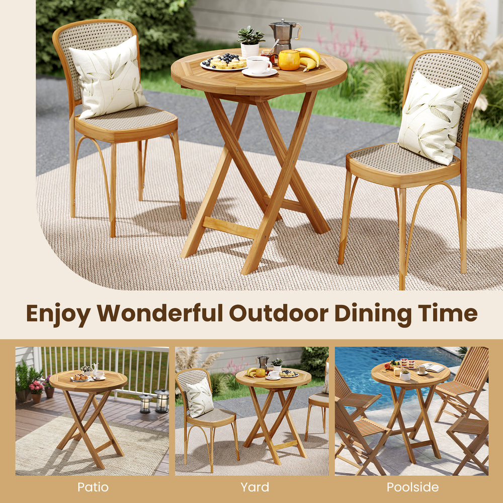 Teak wood dining table with slatted top and X-shaped frame, perfect for outdoor dining on patio, yard, or poolside.