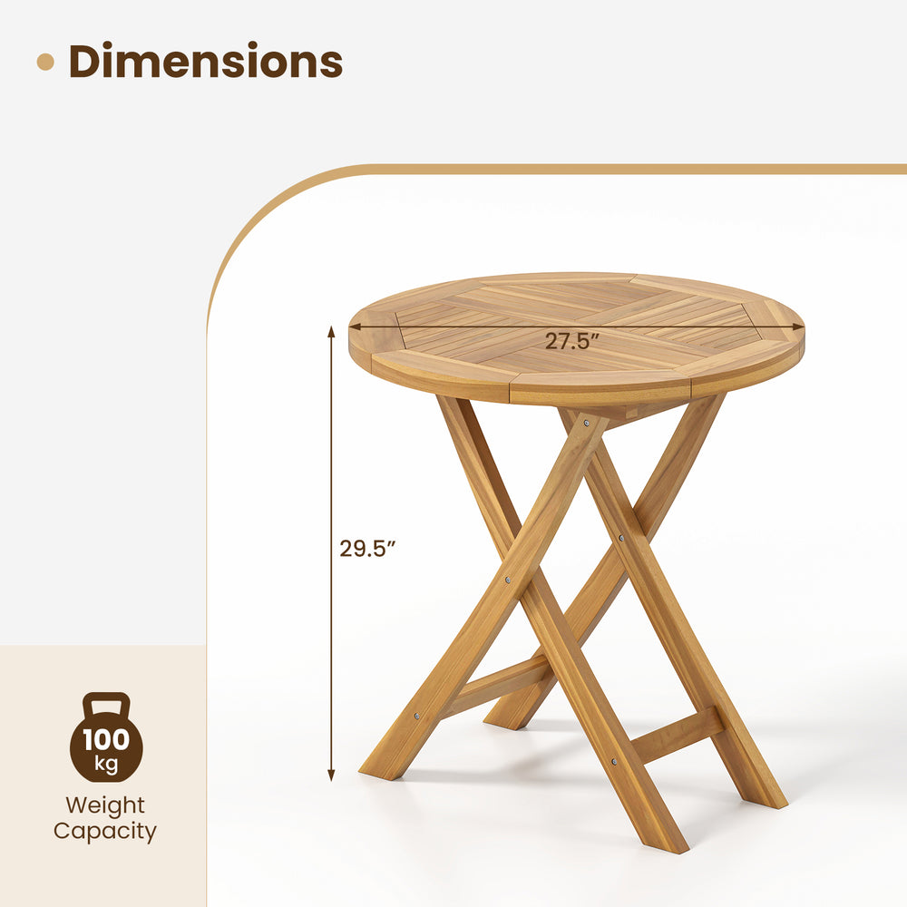 Round teak wood dining table with slatted tabletop and sturdy X-shaped frame, ideal for patio or garden use.