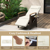Patio wicker recliner chair with adjustable backrest and footrest, featuring cozy white cushions for backyard.