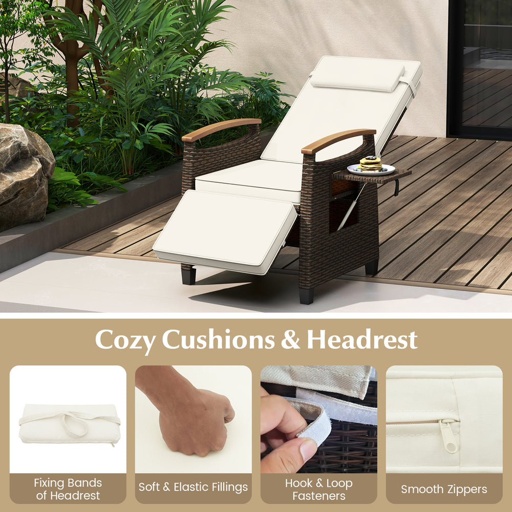 Patio wicker recliner chair with adjustable backrest and footrest, featuring cozy white cushions for backyard.