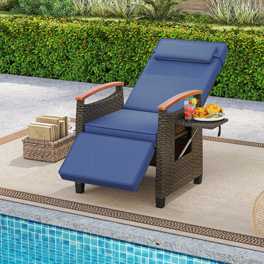 Patio Wicker Recliner Chair with Adjustable Backrest and Footrest-Navy - Gallery View 1 of 9