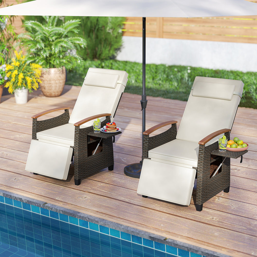 Patio wicker recliner chairs with adjustable backrest and footrest, featuring PE rattan and a side table for outdoor.