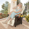 Patio wicker recliner chair with adjustable backrest and footrest, featuring a cozy cushion and side table for outdoor.