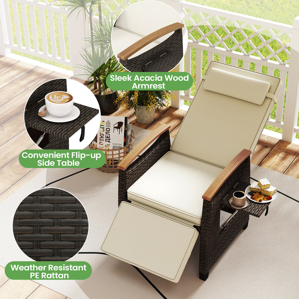 Patio wicker recliner chair with adjustable backrest, PE rattan, and flip-up side table for backyard relaxation.