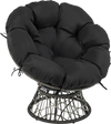 Black PE wicker Papasan chair with thick removable cushion, featuring a 360° swivel and stable round base for comfort.