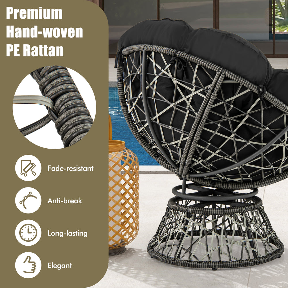 Black PE wicker Papasan chair with thick removable cushion, featuring a 360° swivel and fade-resistant hand-woven.