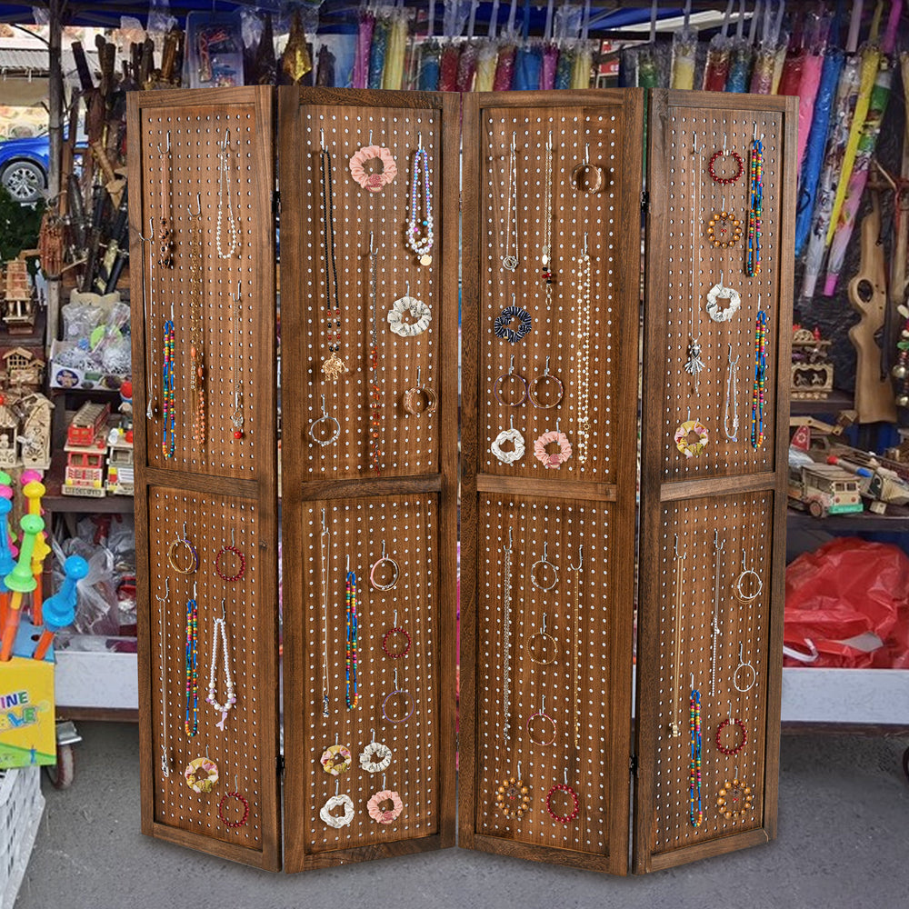 Four-panel pegboard display with solid paolownia wood frame, showcasing jewelry and accessories for versatile use.