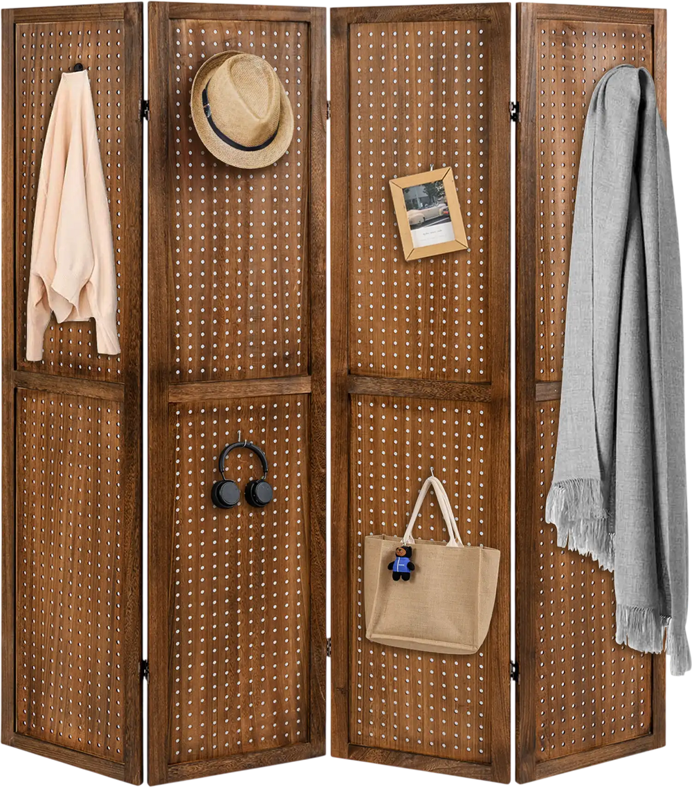Four-panel pegboard display with solid wood frame, featuring standard holes for versatile storage and rustic charm.