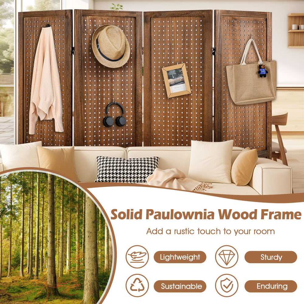 Four-panel pegboard display with solid paulownia wood frame, showcasing a rustic design for versatile room division.