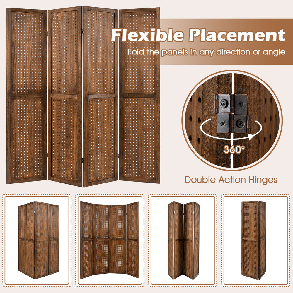Four-panel pegboard display with 360° metal hinges, solid paulownia wood frame, ideal for room division or item display.