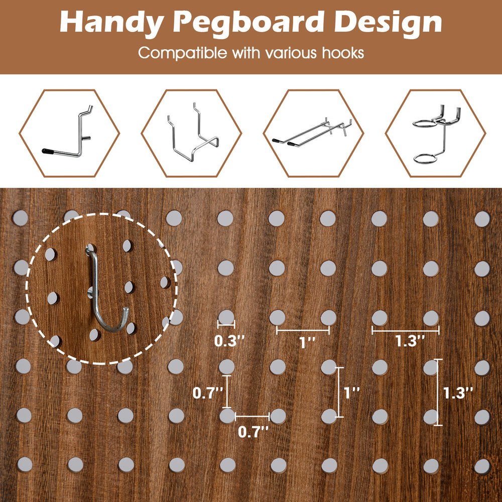 Pegboard display with standard holes and solid wood frame, featuring 360° metal hinges for versatile placement.