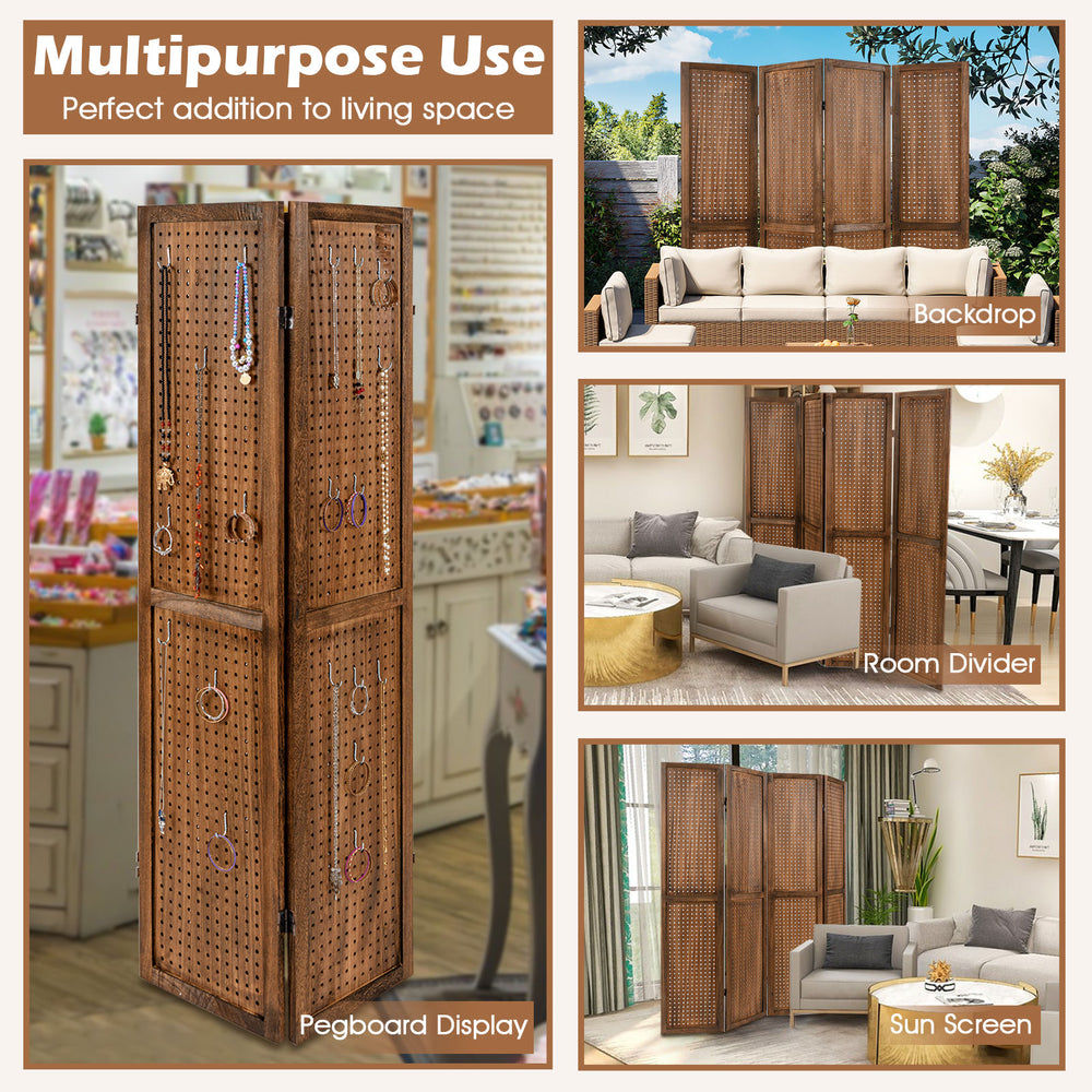 Four-panel pegboard display with solid wood frame, ideal as a room divider or display stand for versatile living space.