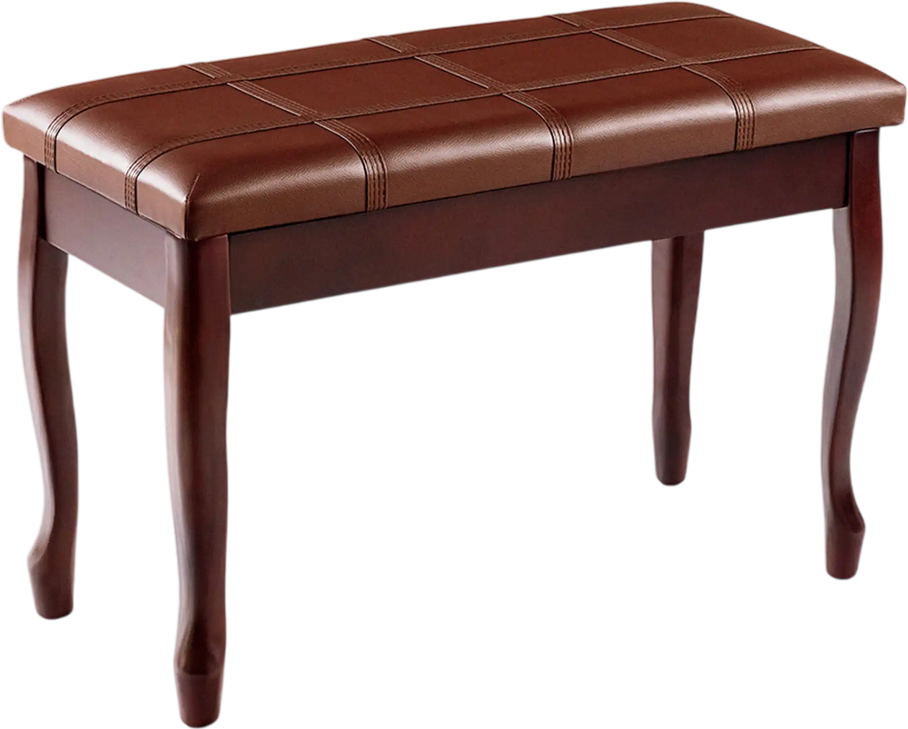 Brown solid wood piano bench with storage, PU leather seat, padded for comfort, ideal for music practice and decor.