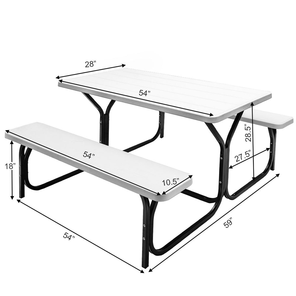 Picnic table bench set in white with integrated metal frame, perfect for outdoor camping and gatherings.