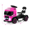 Pink 6V kids electric ride-on truck with adjustable seat, functional steering wheel, and LED lights for fun driving.