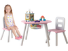 Wood activity kids table and chair set in pink with central mesh storage, perfect for snacks and homework.