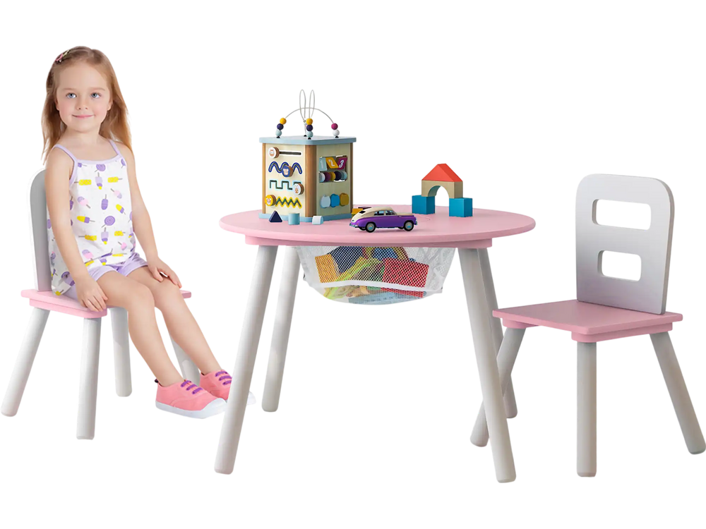 Wood activity kids table and chair set in pink with central mesh storage, perfect for snacks and homework.