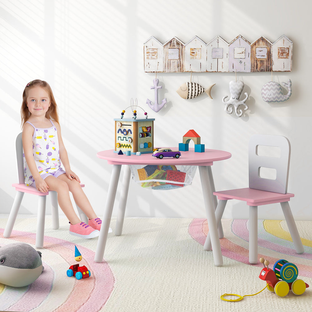 Wood Activity Kids Table and Chair Set with Center Mesh Storage for Snack Time and Homework-Pink - Gallery View 1 of 11