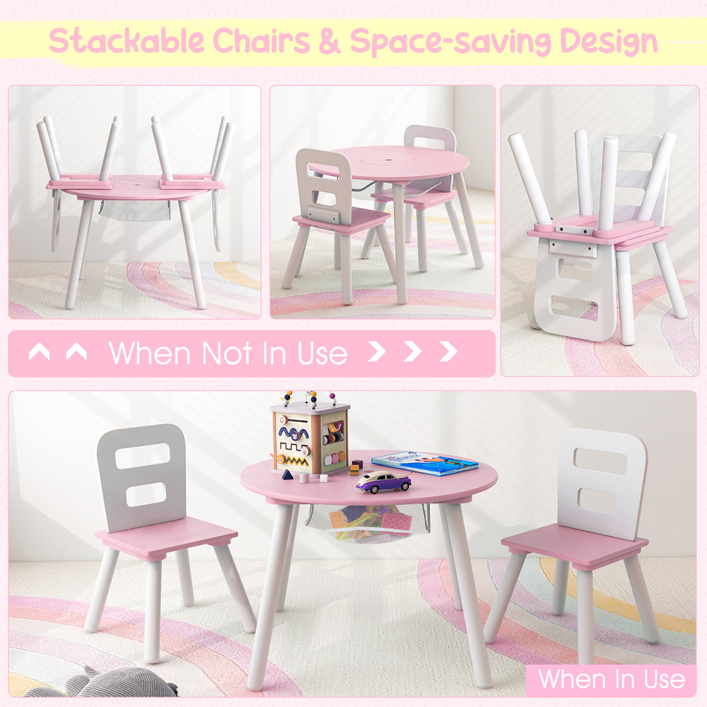 Pink wood activity kids table and chair set with central storage, perfect for snacks, homework, and playtime.