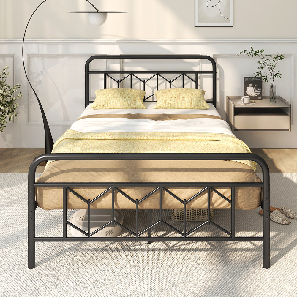 Full-size platform bed with high headboard and spacious bottom space, designed for easy cleaning and modern aesthetics.