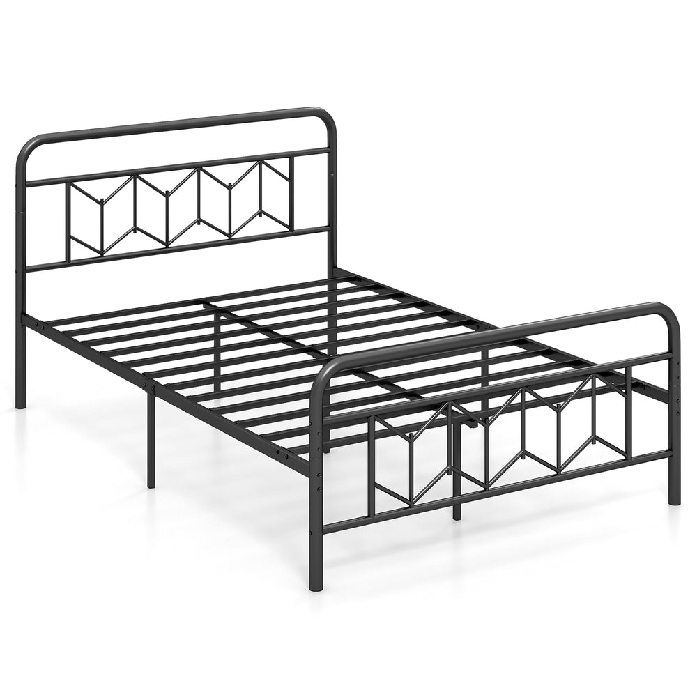 Full-size platform bed with high headboard, robust metal frame, and snap lock slats for easy setup and stability.