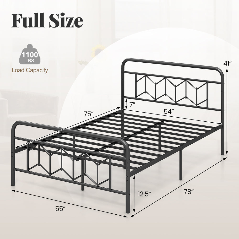 Full size platform bed with high headboard, metal slats, and modern design, offering 1100 lbs load capacity and storage.