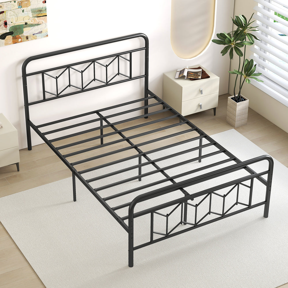 Full-size platform bed with high headboard, metal slats, and modern graphic design for stable sleeping and storage.