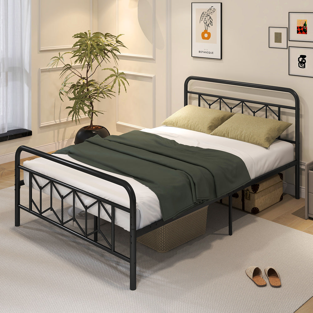 Full-size platform bed featuring a sleek metal frame, high headboard, and extra legs for enhanced stability and support.