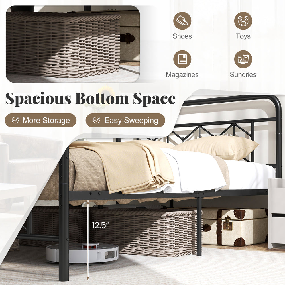 Full-size platform bed with high headboard, spacious bottom space for storage, and snap lock metal slats for easy setup.
