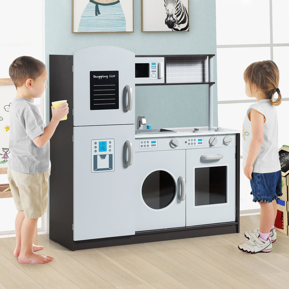 Kids pretend play kitchen set featuring a refrigerator, stove, and washing machine, designed for safe, interactive play.