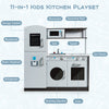 Kids kitchen playset featuring a refrigerator, sink, gas stove, and microwave, made of durable MDF for safe.