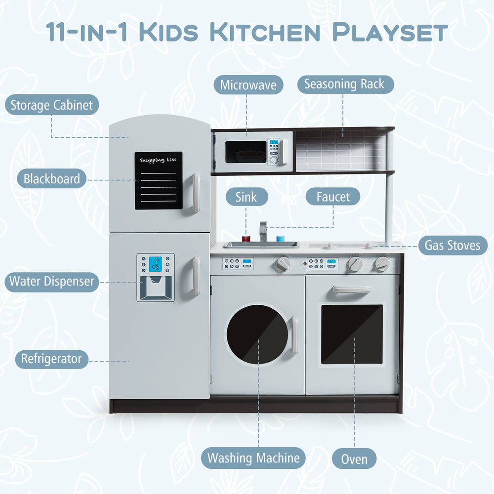 Kids kitchen playset featuring a refrigerator, sink, gas stove, and microwave, made of durable MDF for safe.