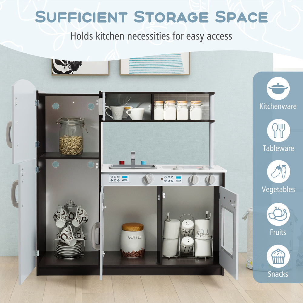Kids pretend play kitchen set featuring a refrigerator, stove, and ample storage space for educational fun.