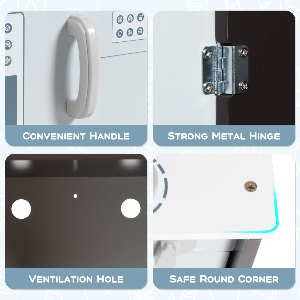 Close-up of the kids' pretend play kitchen set showing the strong metal hinge and safe round corner for durability.