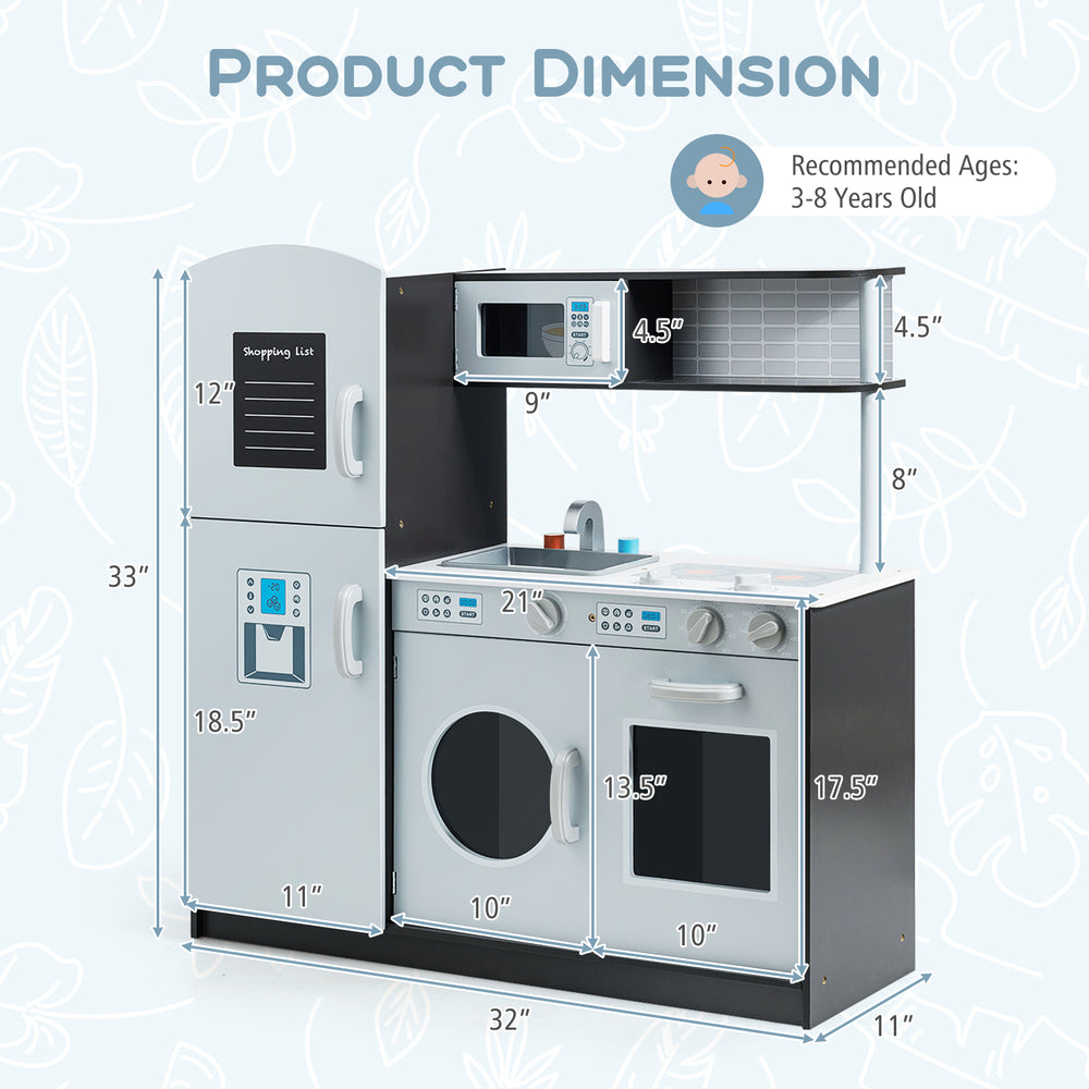 Kids pretend play kitchen cooking set dimensions, featuring a refrigerator, stove, and oven for imaginative play.