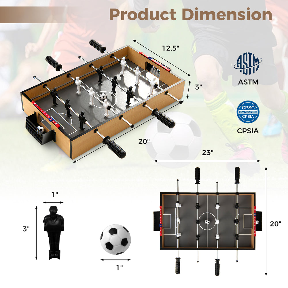 Dimensions of the Game Room Size Football Table with non-slip handle, featuring a portable design for easy setup.