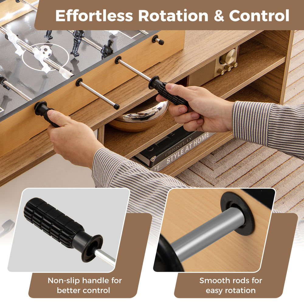 Close-up of non-slip handle and smooth metal rods on the brown game room football table for enhanced gameplay control.