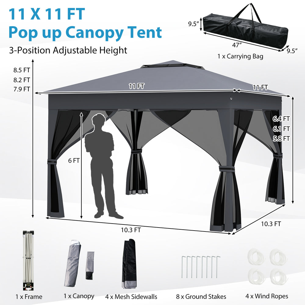 11 x 11 FT gray pop-up gazebo with mesh sidewalls, adjustable height, ideal for camping, picnics, and parties.