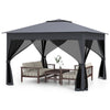 Pop-up gazebo with gray canopy and mesh netting, featuring a foldable design for outdoor events like camping and.